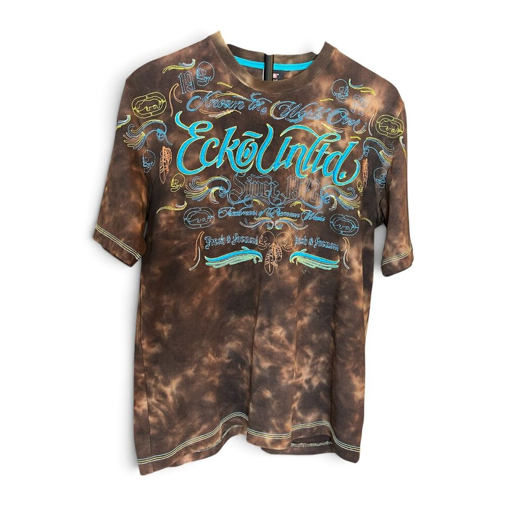 Ecko Unltd Mens L Brown Tie Dye Embroidered Graphic T Shirt Y2K Streetwear